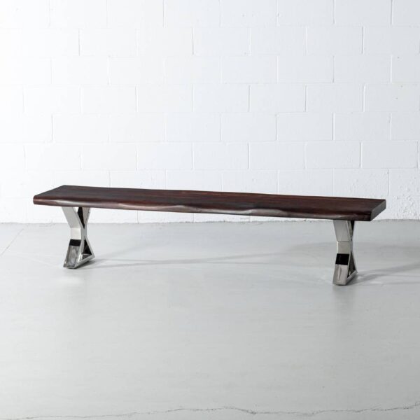 Acacia Live Edge Wood Bench with Chrome X-shaped legs/Honey Walnut