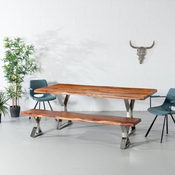 Acacia Live Edge Wood Table with Chrome X Legs/Natural Color